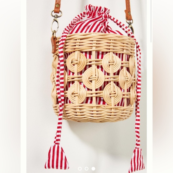 Anthropologie Raffia Bucket Bag Red White Straw Basket Purse NWOT - Picture 17 of 17